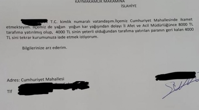 Afetzede gelen yardımın yarısını devlete iade etti