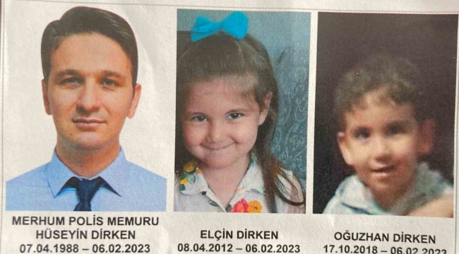 Depremde hayatını kaybeden polis baba ve 2 çocuğuna acı veda