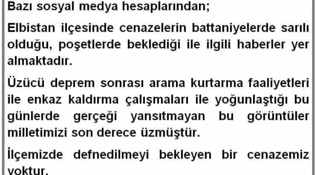 Elbistan Kaymakamlığı: "İlçemizde defnedilmeyi bekleyen bir cenazemiz yoktur"