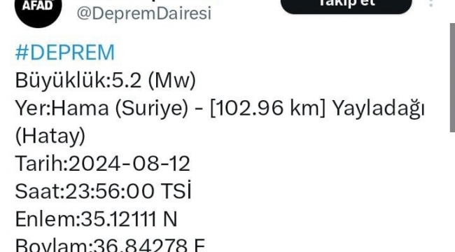 Suriye'deki 5,2'lik deprem Hatay'da hissedildi