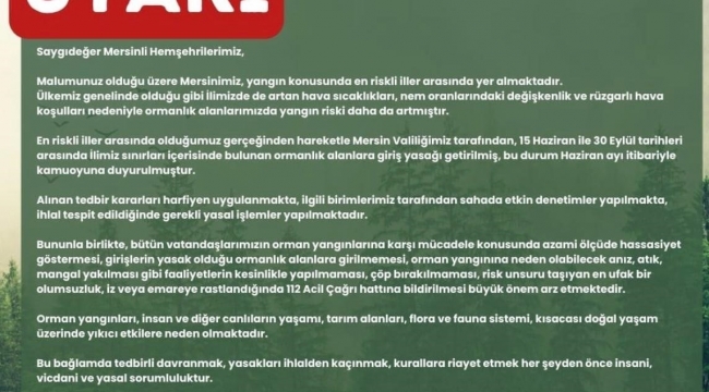 Vali Pehlivan, vatandaşları orman yangınlarına karşı duyarlı olmaya çağırdı