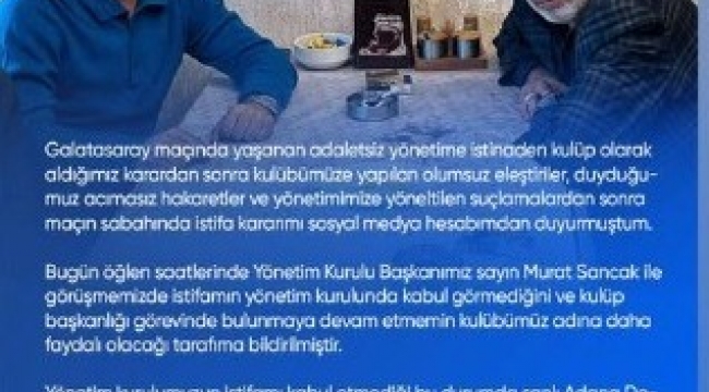 Adana Demirspor'da Başkan Durak'ın istifası kabul edilmedi