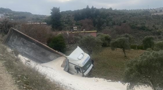 Antakya'da çakıl yüklü kamyon zeytin bahçesine uçtu